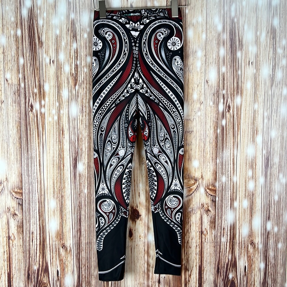 GearBunch Black Red Patterned Yoga Run Leggings XS